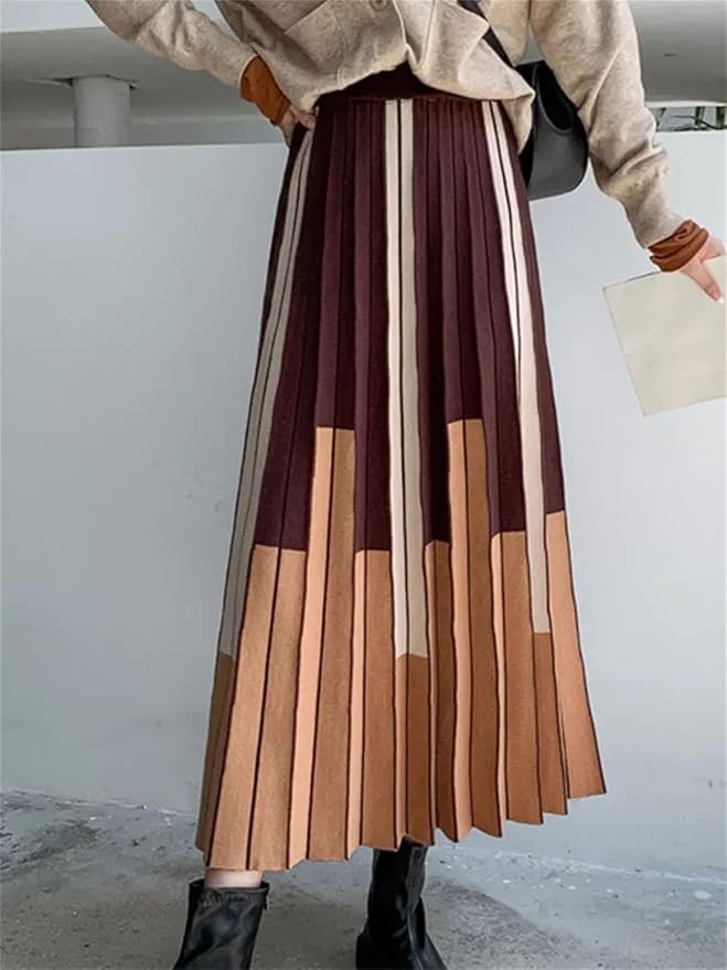 Amazon.com: Knit Midi Long Pleated Skirt Women Warm Stripe  