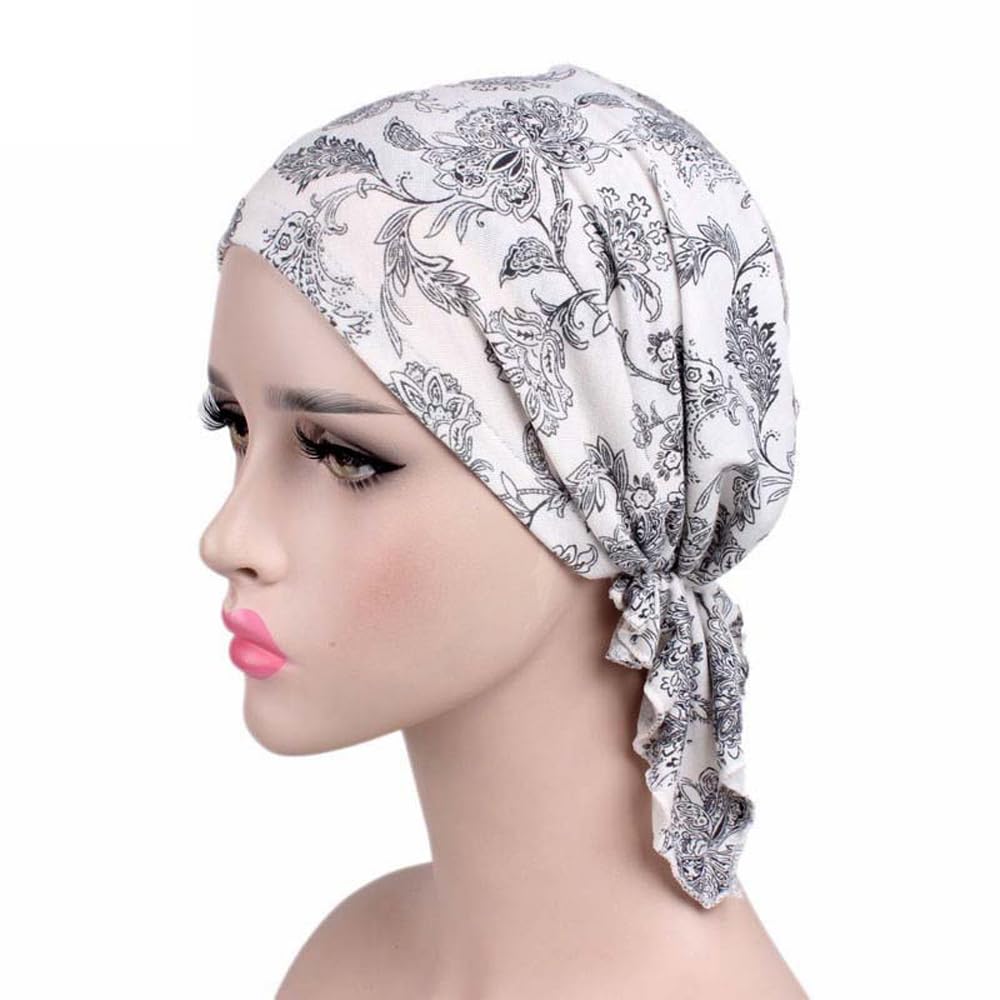 Women Cotton Bandana Scarf Pre Tied Chemo Hat Beanie Turban Headwear For Cancer Patients Ladies Turbante (Black leaf)