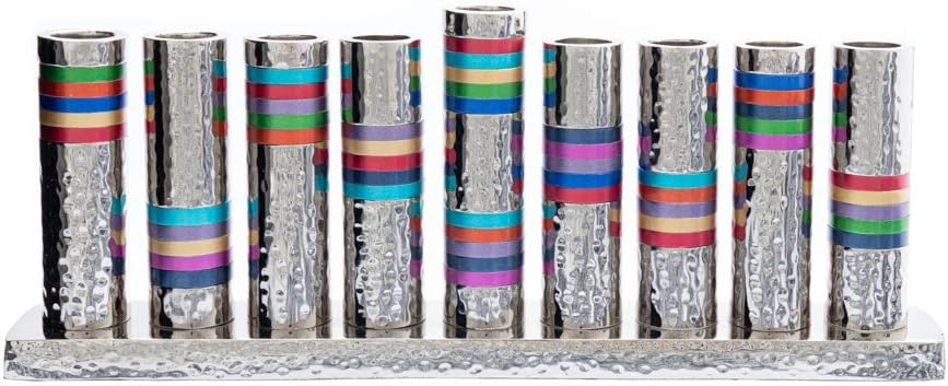 Yair Emanuel Hammered Hannukah Menorah Aluminium Nickel Hammerwork Colored Rings (HMV-1) Judaica
