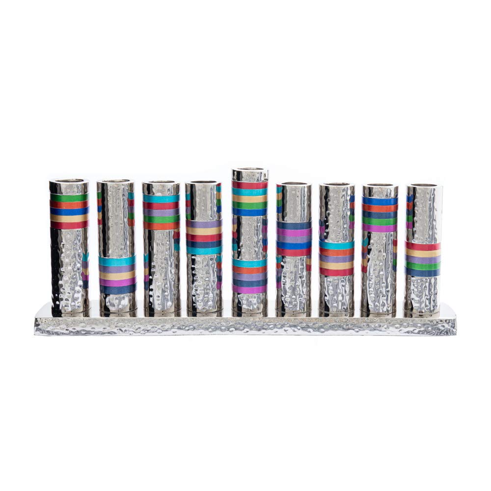 Yair Emanuel Hammered Hannukah Menorah Aluminium Nickel Hammerwork Colored Rings (HMV-1) Judaica