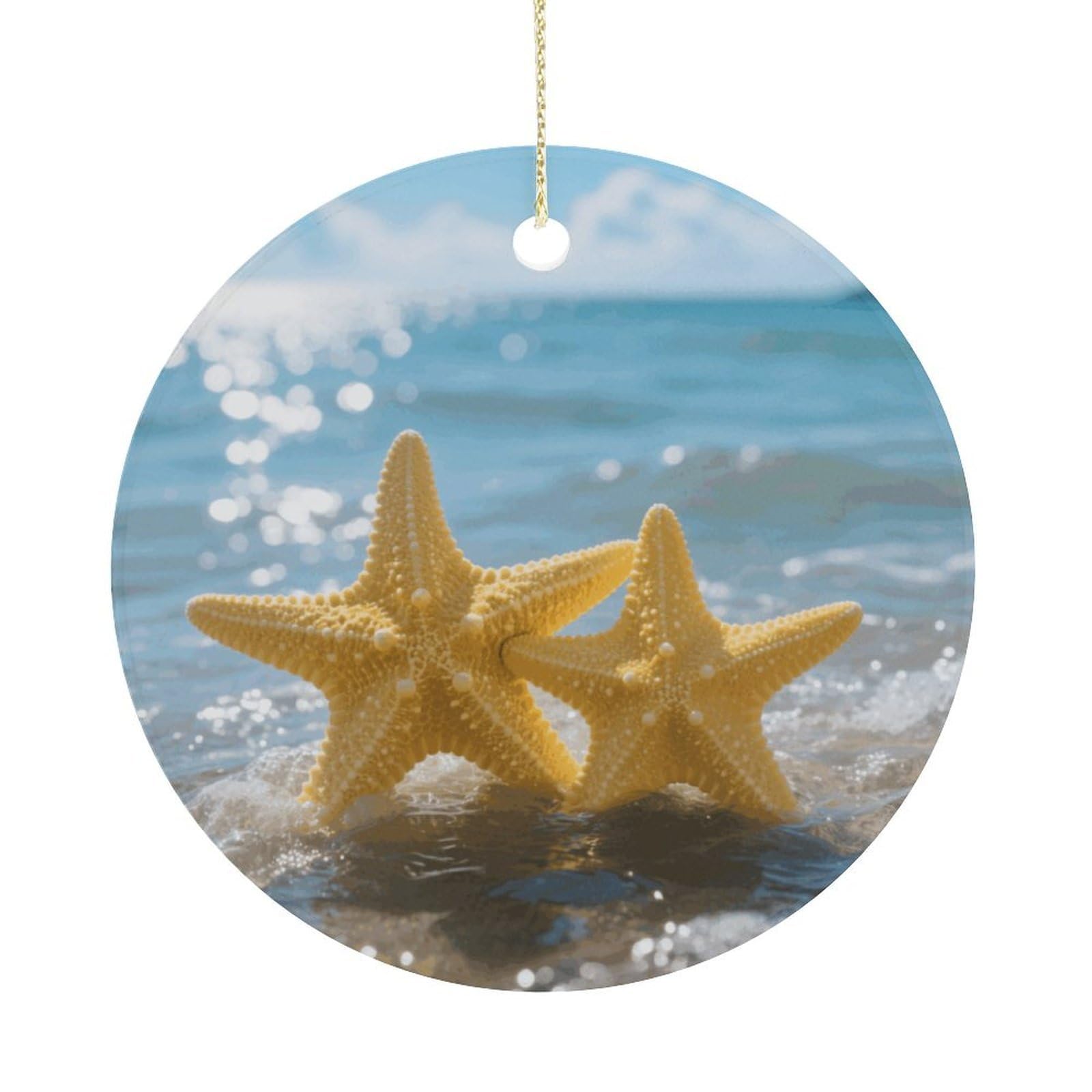 Personalized Christmas Ornaments 2025 Ceramic Hanging Yellow Starfish on Beach Ornaments with Gold String Double-Sided Vintage Holiday Decorations for Tree Mantel Tabletop Xmas Party Favors