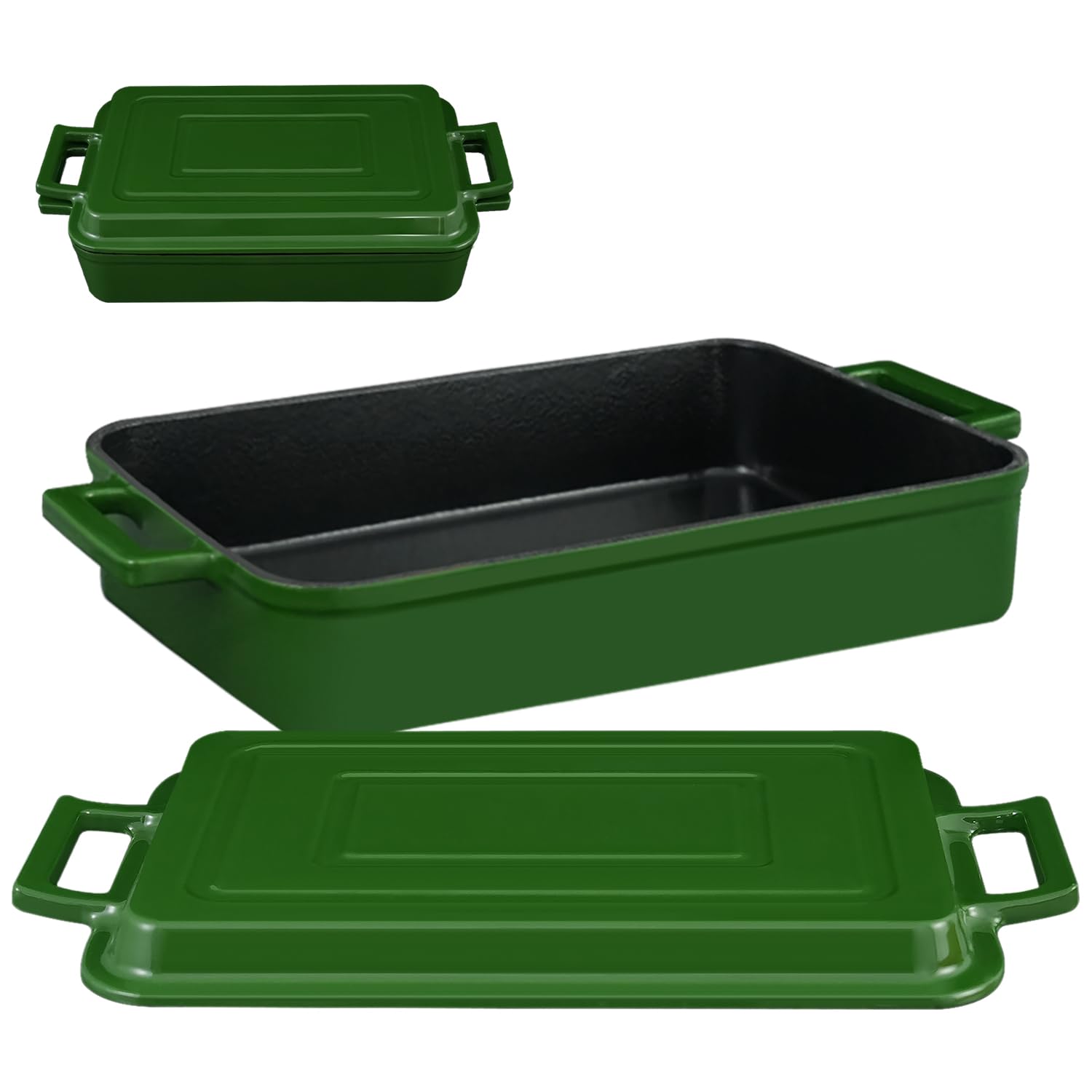 Flavehc Casseruola per forno Teglia da forno in ghisa con coperchio per padella 22,9 x 33,3 cm, padella per lasagne 2-in-1 Set di pentole in ghisa