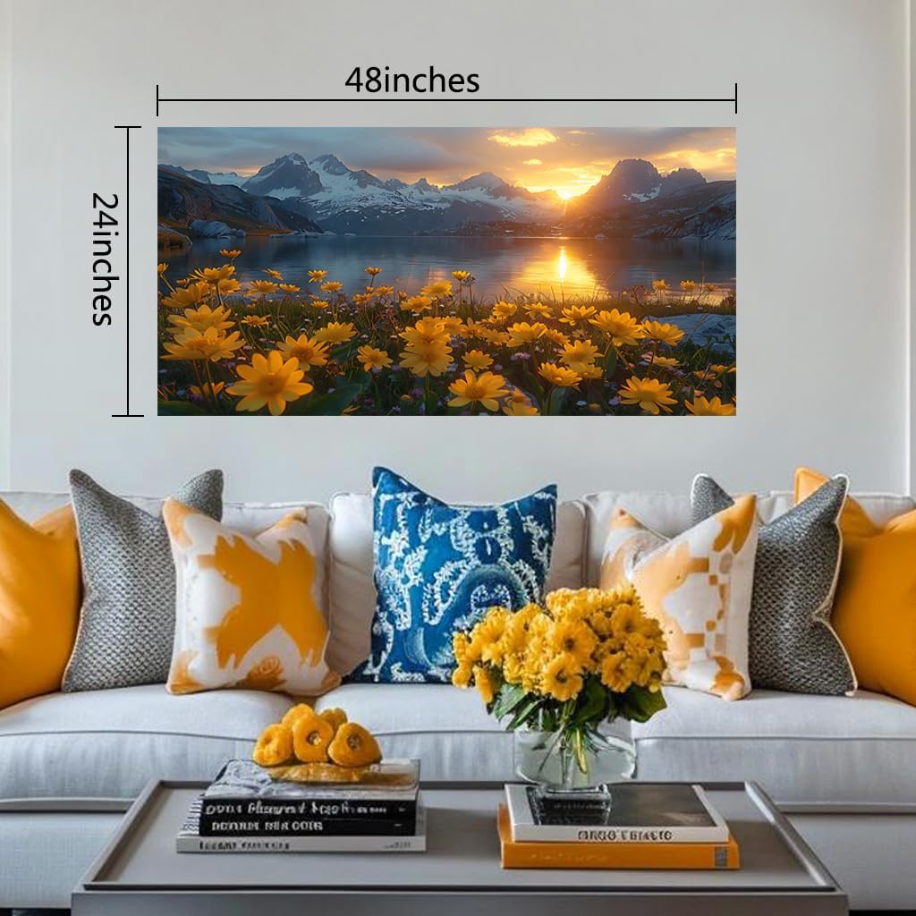 LKY ART Mountain Lake Sunset Wall Art Snow-Capped Peaks with Yellow Wildflowers Picture Wall Decor for Living Room Nature Landscape Canvas Prints Poster Artwork Home Decoration