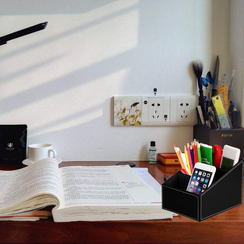 1 Pezzi Organizer da Scrivania Ordinato, Supporto per Telecomando In Pelle PU, Pelle Portaoggetti da Scrivania, 3 Scomparti Pelle Multifunzione Porta Penna per Penne, Matite (Nero)