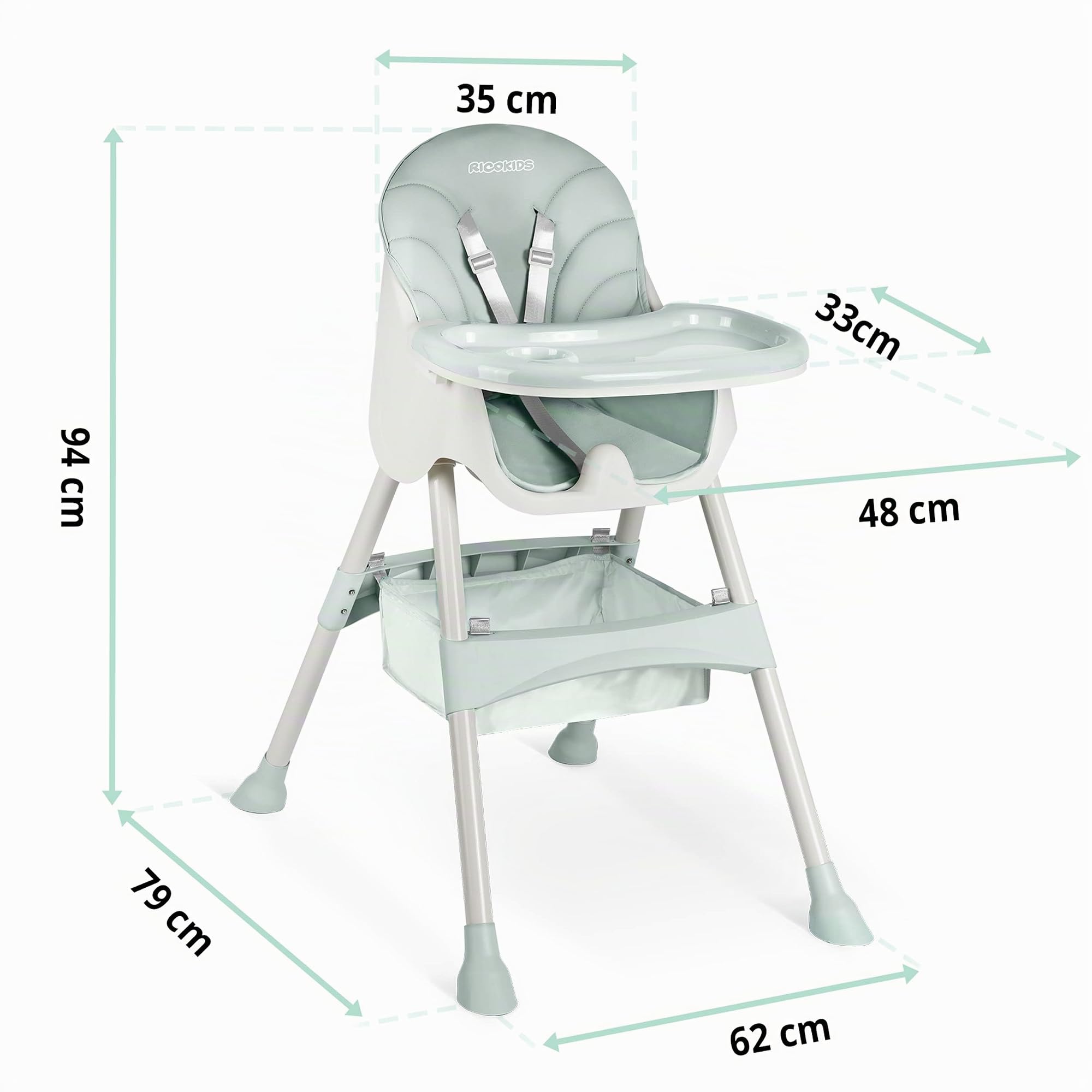 Ricko Kids - Seggiolone per bambini, con vassoio per mangiare, sedia per bambini, pieghevole, dalla nascita, facile da pulire, 83 x 60 x 110 cm, colore: verde