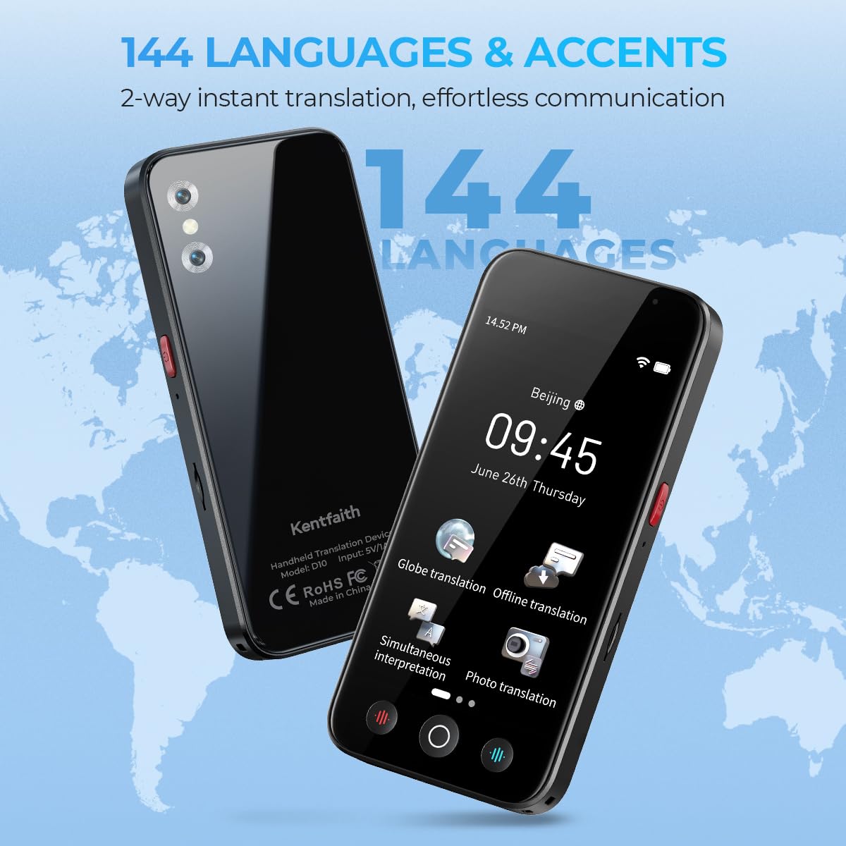 kentfaith Traduttore Vocale AI, 144 Lingue Online / 19 Offline, Traduzione Istantanea 0,2s, 98% Precisione, Touchscreen 5", Fotocamera 8MP, Foto/Testo/Voce, Viaggi/Studio/Affari -128G