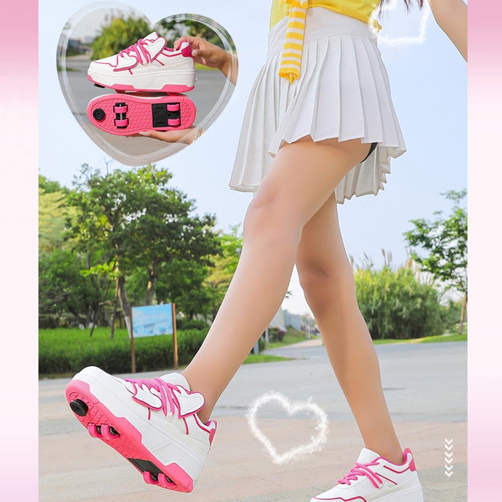 Buty do łyżwiarstwa rolkowego dla chłopców dziewczynek chłopców modne buty sportowe z odpinanymi kołami, trenerzy łyżwiarstwo z 4 chowanymi kołami, czerwone-33 EU