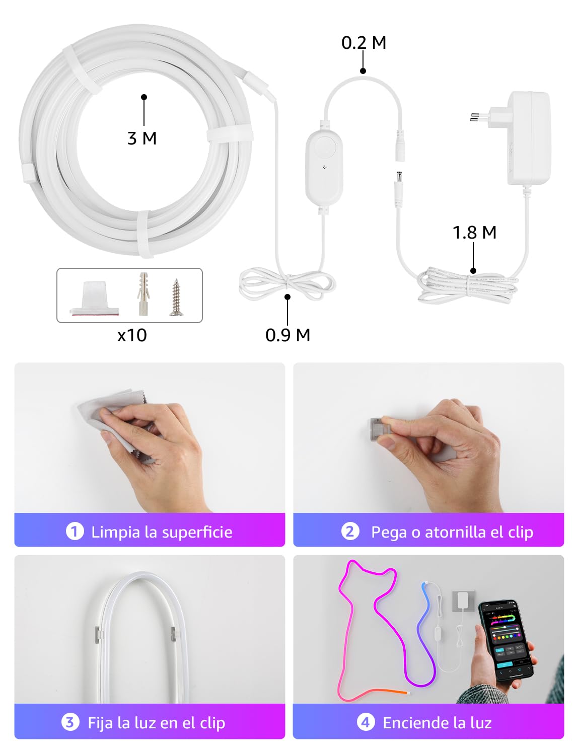 Lepro N1 AI Neon Tira LED 3 m, Diseñador de Iluminación AI Personalizado, Sync de Música y Control de Voz, IP65 Luces de Cuerda MagicColor, Funcion con Alexa y Google Home para DIY Dormitorio Fiesta