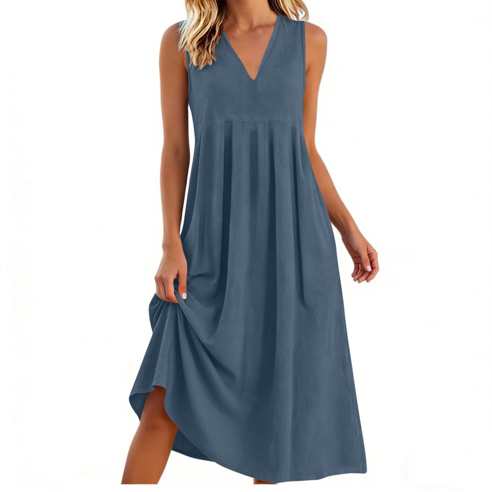 Vestidos Verano Mujer 2026,Cuello V Algodón y Lino Vestido Mujer Verano Casual Sueltos Color Sólido Vestidos Largo Cintura Alta con Bolsillos Cómodo y Transpirable Maxi Vestidos Playeros