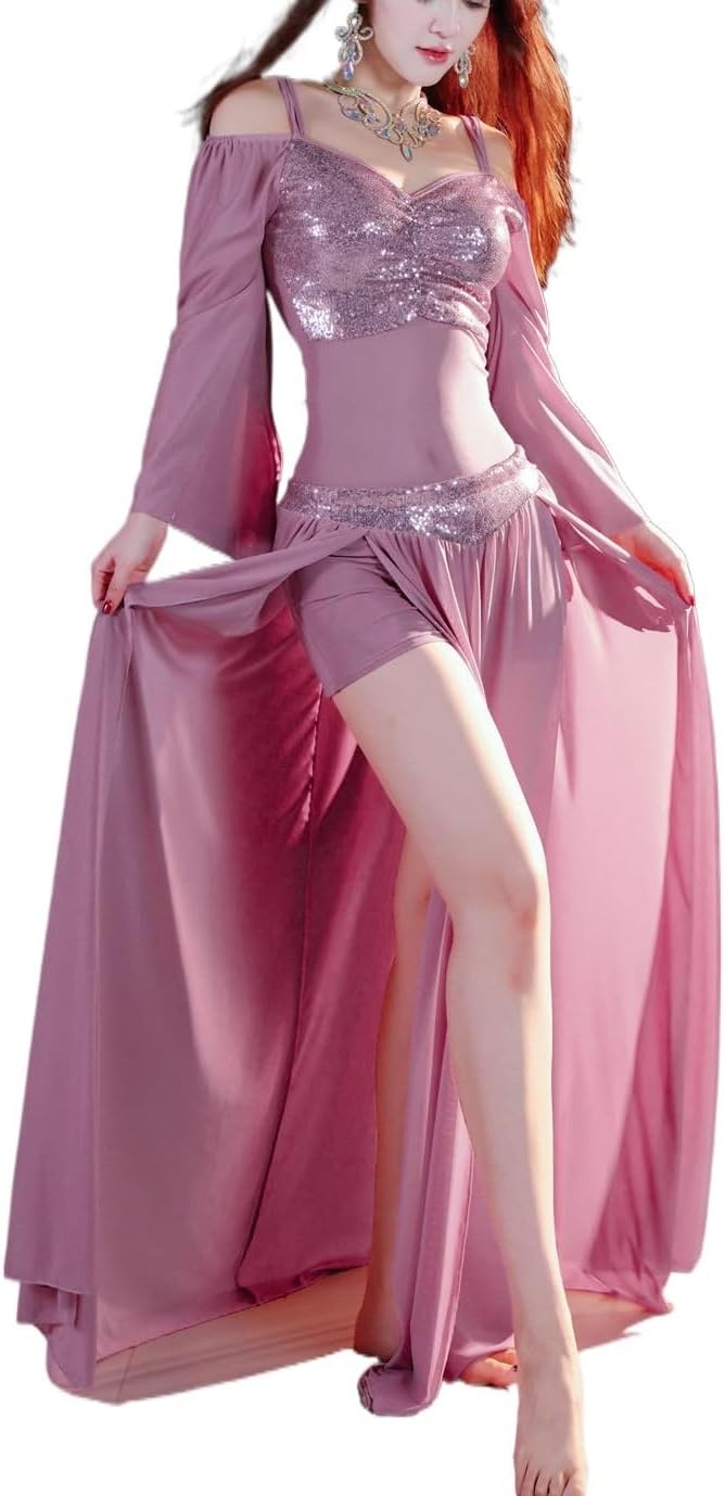 HEARTTOUCH Women Shiny Belly Dance Costumes Mesh Belly Dance Top Swing Dancing Skirt Carnival Halloween Performance