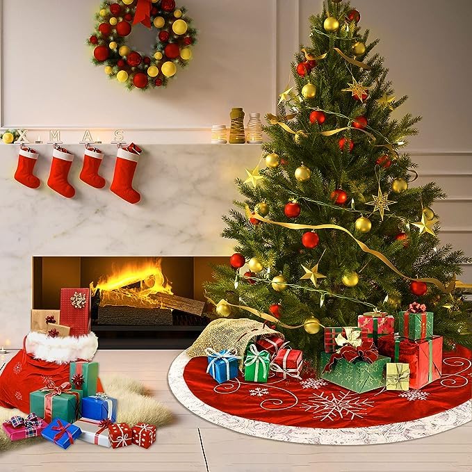 Jupe De Sapin De Noël Tricotée Rouge Et Blanc - Diamètre 120 Cm, Cache-pied, Décoration De Fête