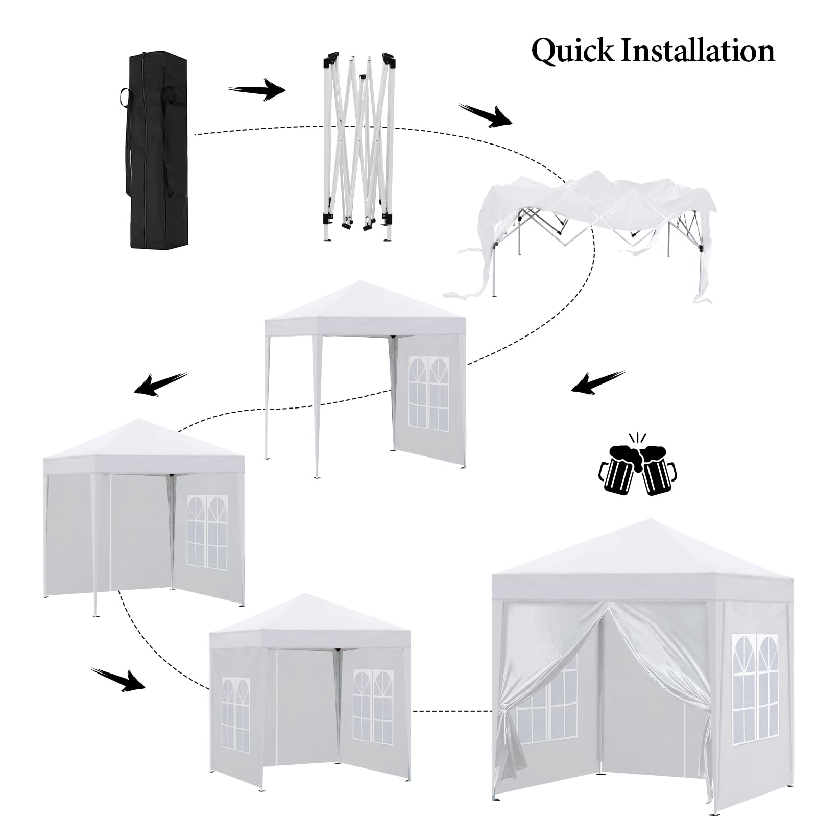 CLIPOP Tonnelle de jardin de 3 x 3 m avec 4 panneaux latéraux, barnum portatif blanc de fête avec structure en métal épais et sac de transport, pour mariage, extérieur, camping, plage