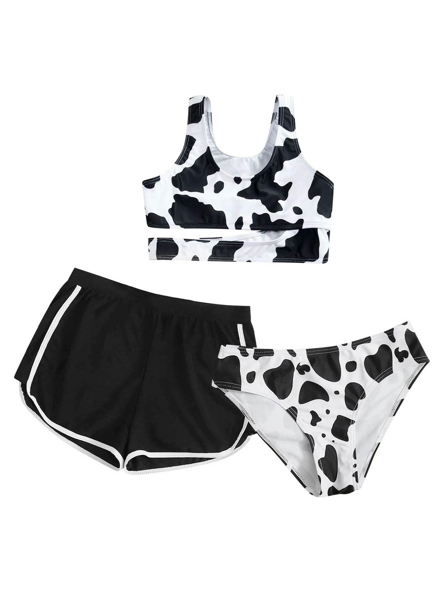 IEFIEL Conjunto de Bikini Verano para Niñas Traje de Baño de Tres Piezas con Crop Top de Tirante y Braga y Pantalones Cortos de Deportivos Ropa de Playa 5-16 Años