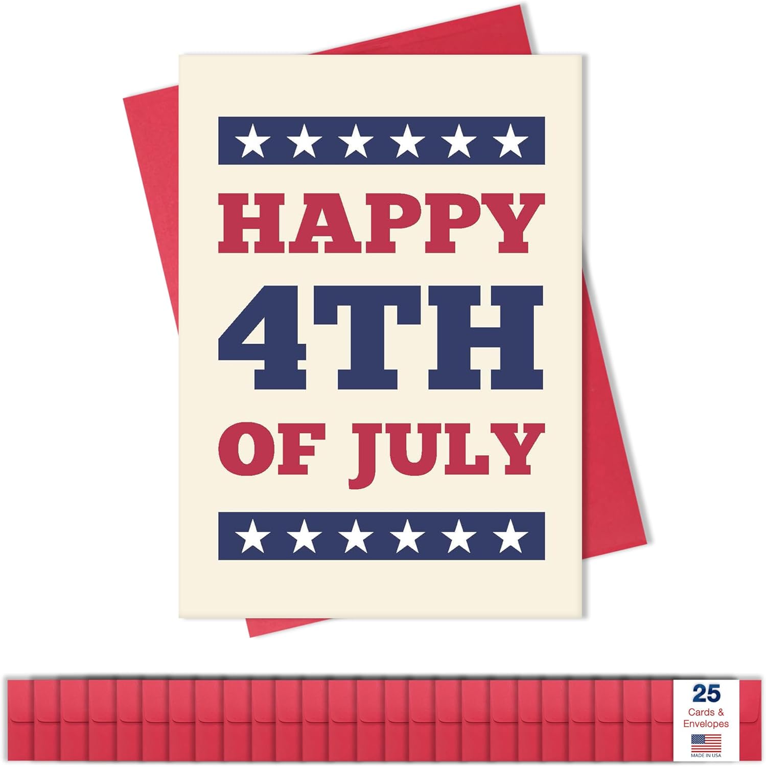 Independence Day Cards for Family & Business (Patriotic Cheers) Happy 4th of July Bulk Greeting Card Set Pack of 25 with Red Envelopes (5x7 inch - A7) Office, Work, Employees & Clients (JF2403)