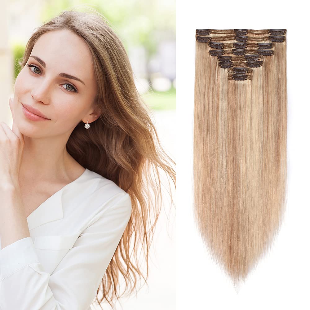 MY-LADYDouble Weft 100% Remy Human Hair Clip in Extensions Highlight Full Head Thick Short Soft Silky Straight 8pcs 18clips(12" / 12 inch 110g,#18/613 Light Ash Blonde/Bleach Blonde)