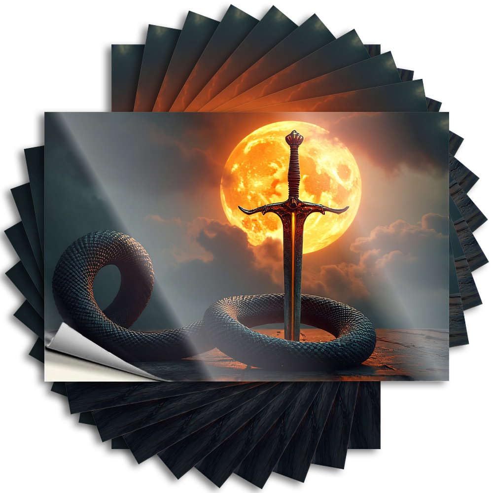 Mens Stickers Laptop | Sword Piercing Snake Against Fiery Moon Backdrop Core Items Sticker Pack(12X18CM)