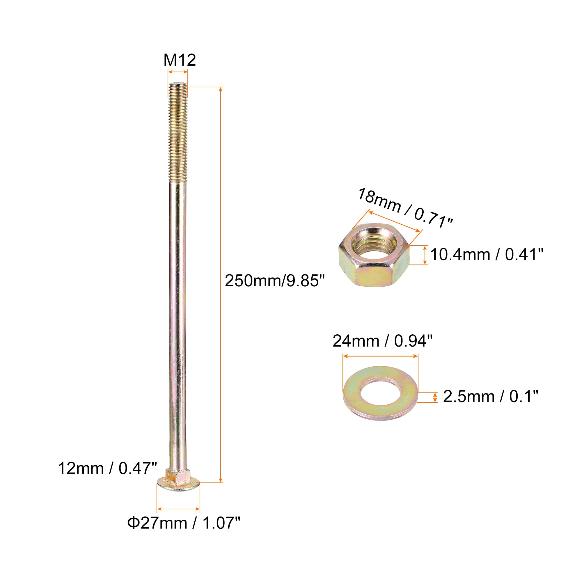 QUARKZMAN Śruby blokujące z nakrętkami i podkładkami M12 x 250 mm, z nakrętkami i podkładkami, zestaw 12 szt. ze stali nierdzewnej 304, okrągłe śruby z łbem czworokątnym, kolor złoty