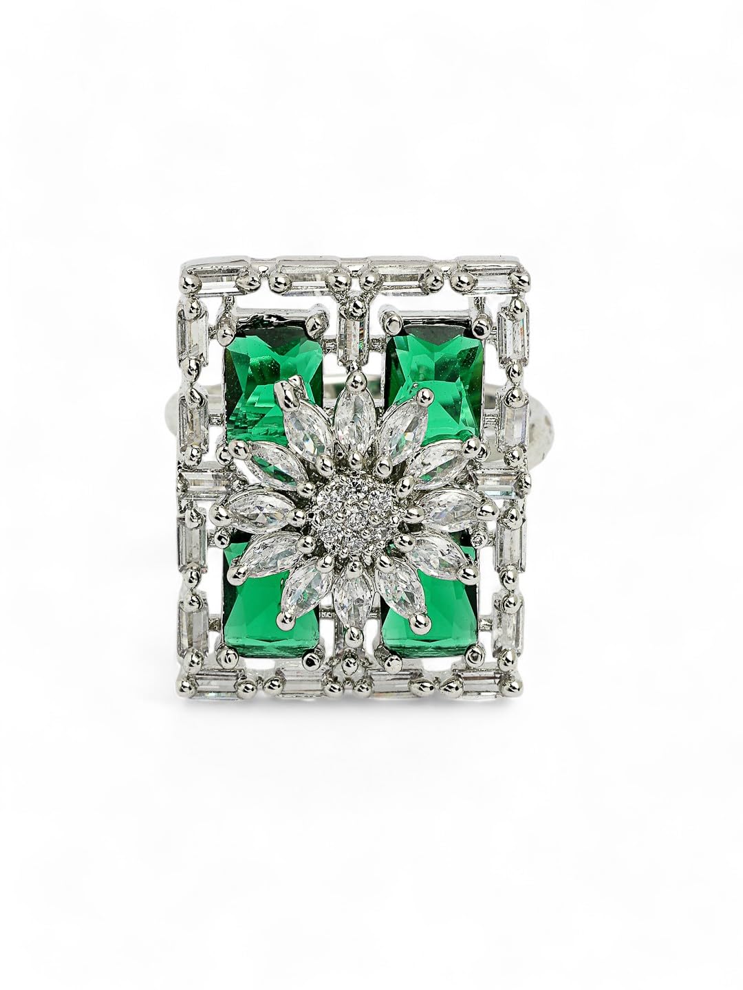 Green CZ Stone-Studded Brass Adjustable Finger Ring For Women & Girls-image-11