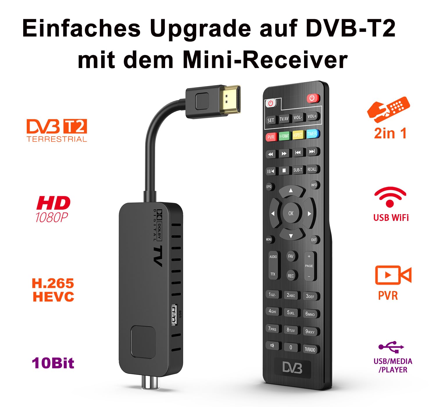 Dcolor DVB-T2 Digitaler terrestrischer Decoder - HDMI TV Stick, Dolby Audio HD 1080P H265 HEVC Main 10 Bit, Unterstützung USB WiFi/Multimedia/PVR [Inklusive 2in1 Universal-Fernbedienung]