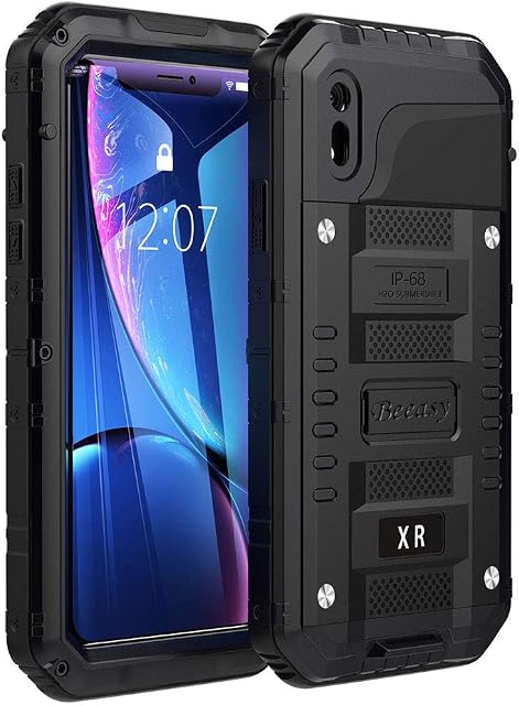 Beeasy Case for iPhone XR,Waterproof Shockproof Tough Heavy Duty Metal Defender Cover with Built-in Screen Military Grade Protective,Drop Proof Rugged Hybrid Outdoor Sport Protection,Black