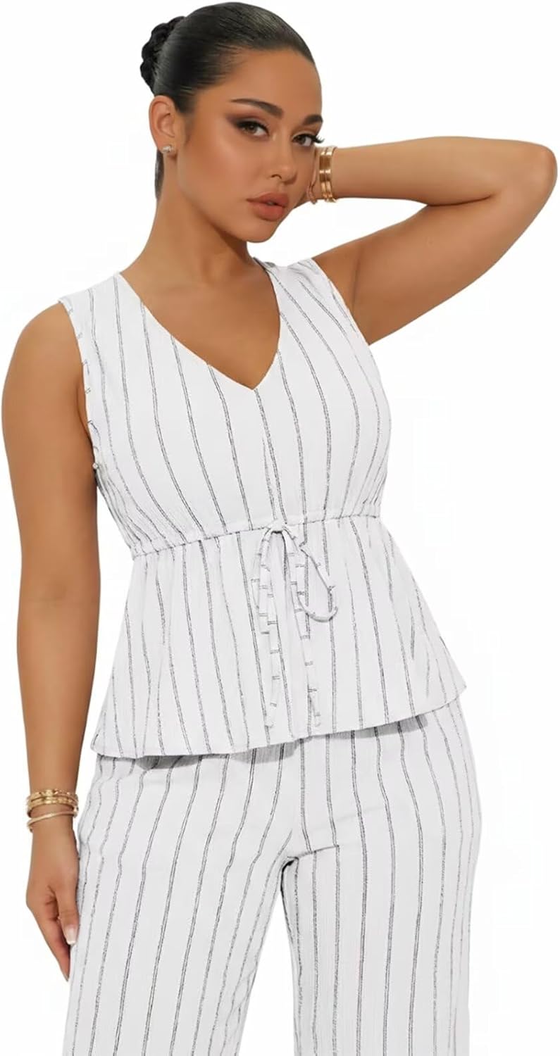 Ekaliy Women’s 2 Piece Outfit V Neck Sleeveless Top Matching Wide Leg Pants with Pockets Casual Travel Lounge Sets - Image 3