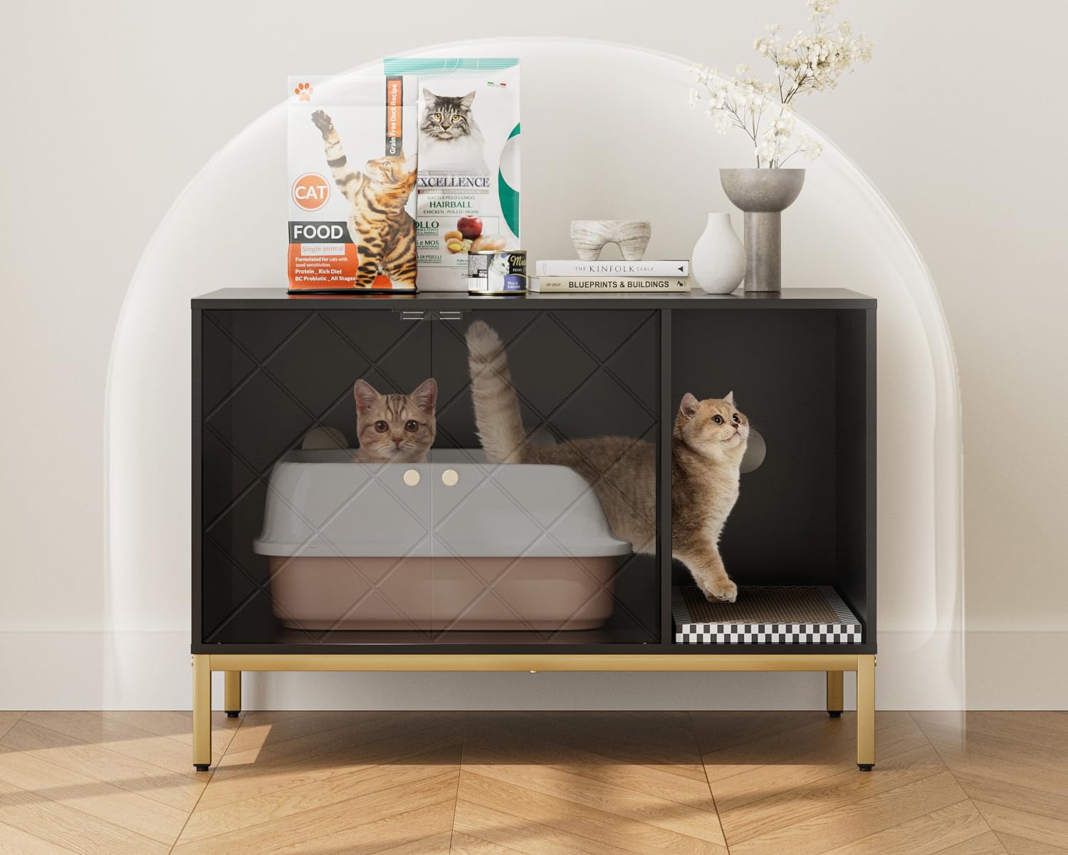 Katzenklo Schrank, Katzenkloschrank mit Doppeltüren, Katzenhaus mit Kratzmatte, hohe Beine, für Katzentoilette, Beistelltisch, 80x50x55 cm, schwarz,Überkreuzmuster