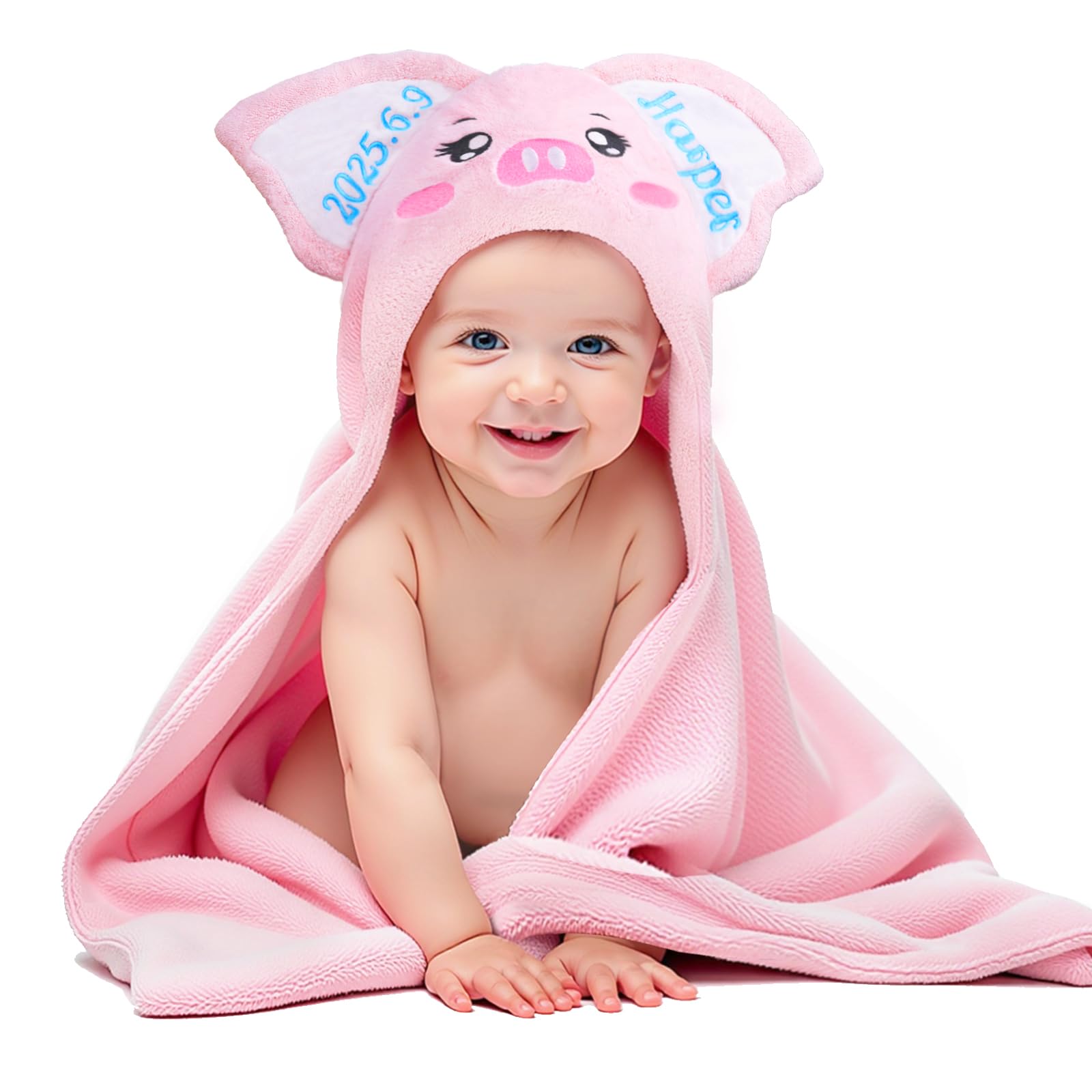 Baosity Custom Hooded Baby Towel with Name Soft and Absorbent Customized Pig Toddler Towels Baby Bath Towels for