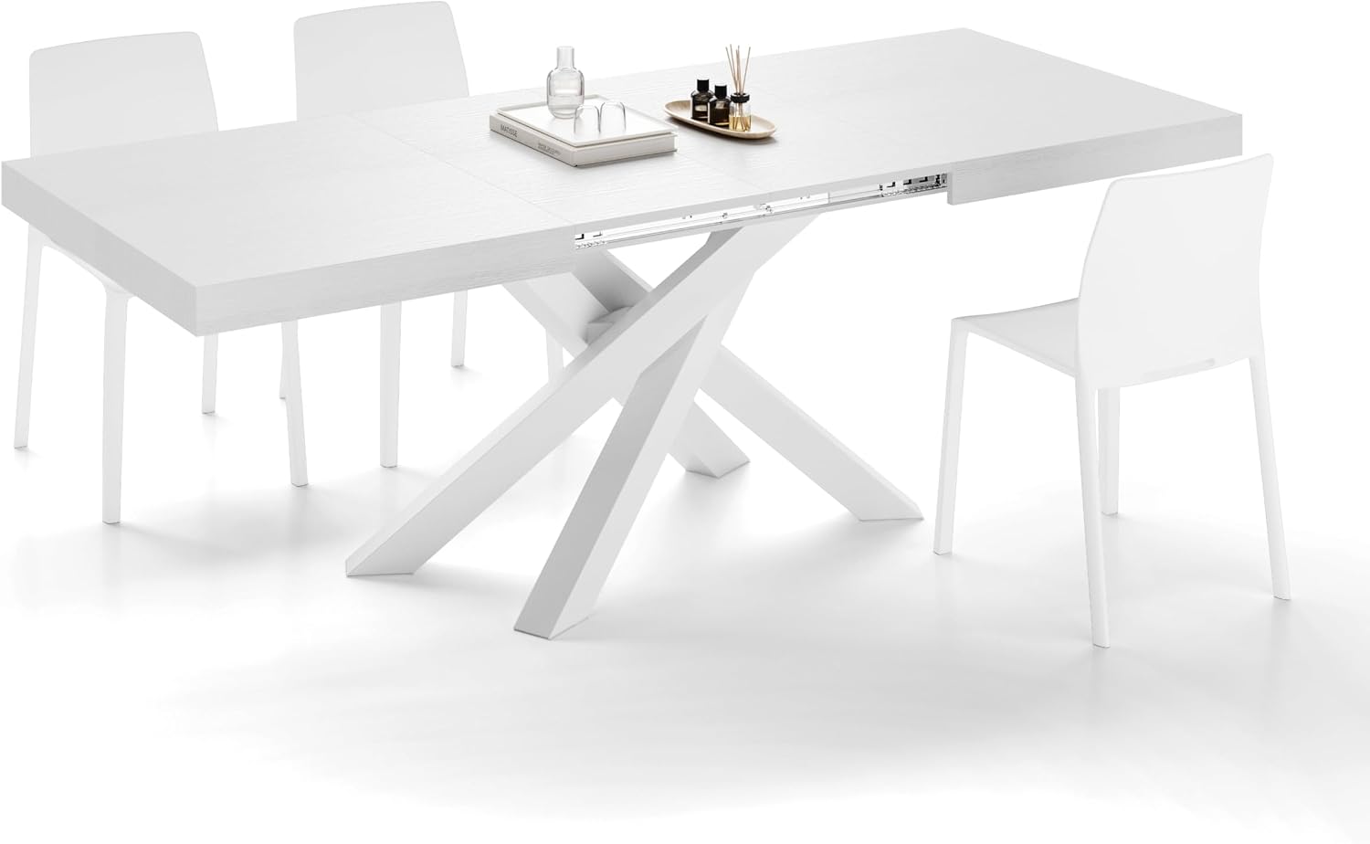 Mobili Fiver, Emma 55.11(86.6) x35.4 in Extendable Table, Ashwood White with White Crossed Legs, for 6-10 People, Expandable Dining Table for Kitchen, Living Room, Italian Furniture