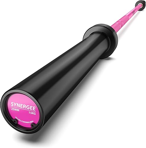Synergee Games 15kg and 20kg Colored Ceramic Coated Barbells. Rated 1500lbs for Weightlifting and Powerlifting. Black, Red, Grey, Pink
