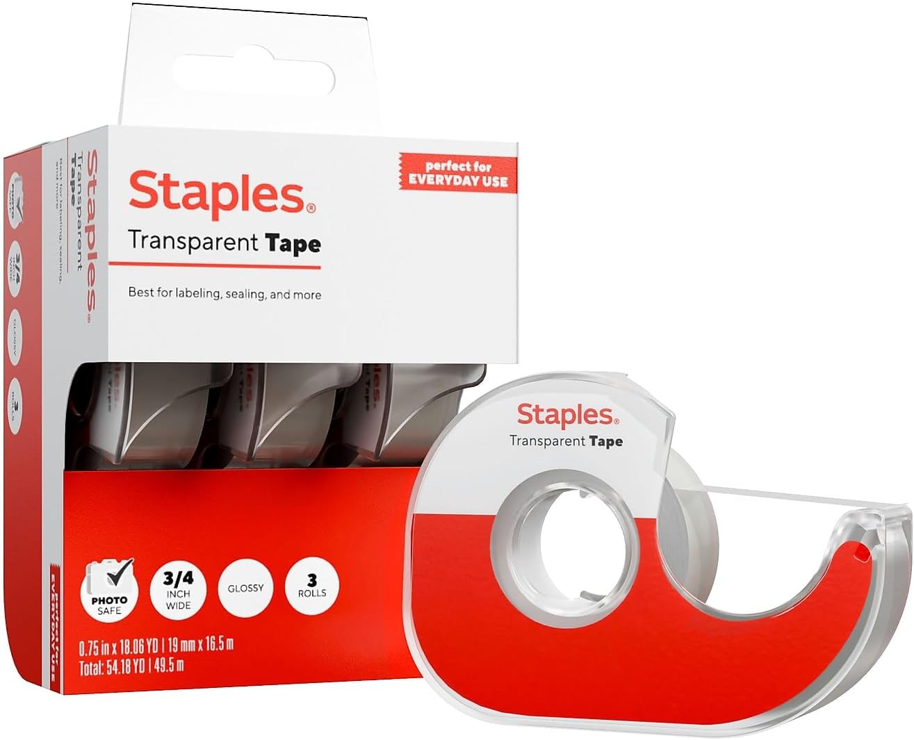 STAPLES Transparent Tape Refill, 3/4" x 36 yds., 12 Rolls – Clear Adhesive Tape for Office, Shipping & General Use