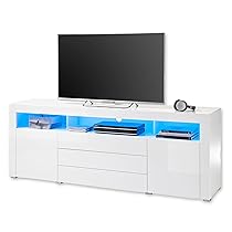 Stella Trading Goal-Mobile TV in Bianco Lucido con Illuminazione a LED Blu, con Molto Spazio per Il Vostro Soggiorno, Legno ingegnerizzato, 200 x 74 x 44 cm