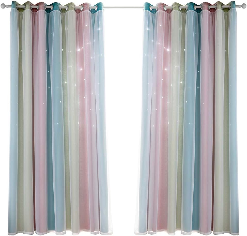 Irfora Star Curtains Stars Blackout Curtains for Kids Girls Bedroom Living Room Colorful Double Layer Star Window Curtains, 1 Panel (53in)