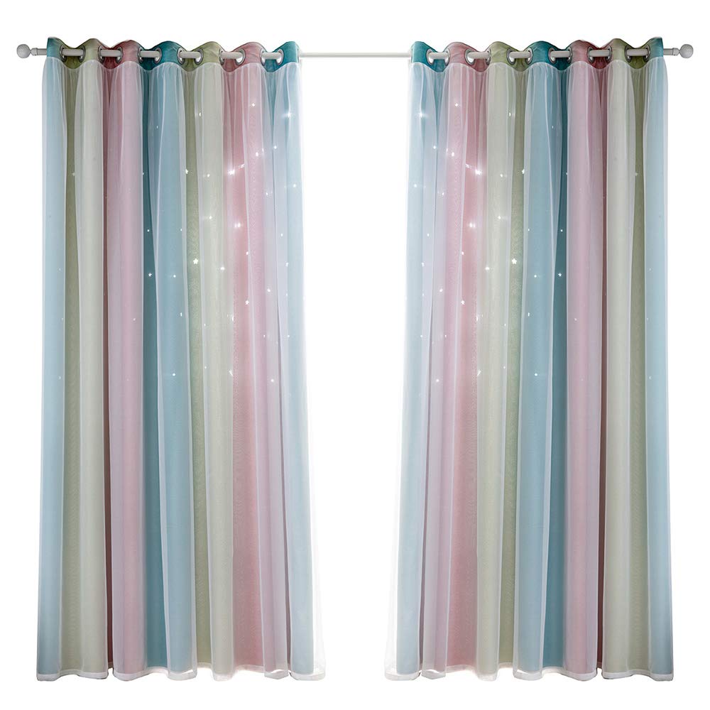 Irfora Star Curtains Stars Blackout Curtains for Kids Girls Bedroom Living Room Colorful Double Layer Star Window Curtains, 1 Panel (53in)