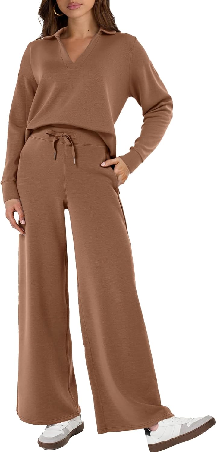 Glamaker Women's 2 Piece Sets Outfits Casual Long Sleeve Sweatsuits Polo Top and Wide Leg Pants Matching Sets