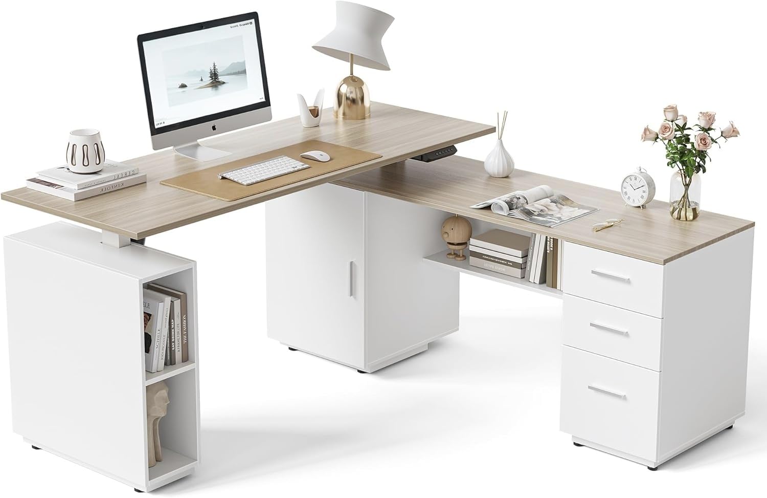 FEZIBO Executive Standing Desk Standing Desk with Storage l Shaped Executive Desk Adjustable Height Light Wood Grainy
