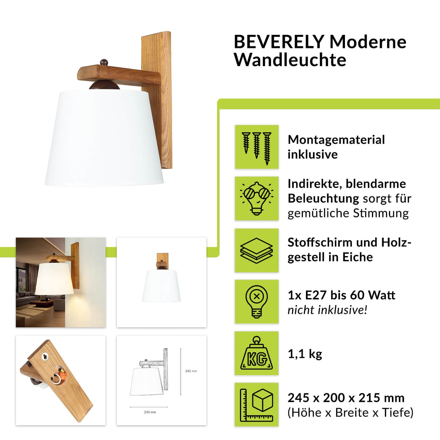 Licht-Erlebnisse Wandlampe Innen Stoff Eiche Rustikal Ecru Flur Wohnzimmer T:20 cm E27 max. 60W Modern gemütliche Wandleuchte Schlafzimmer AIDA