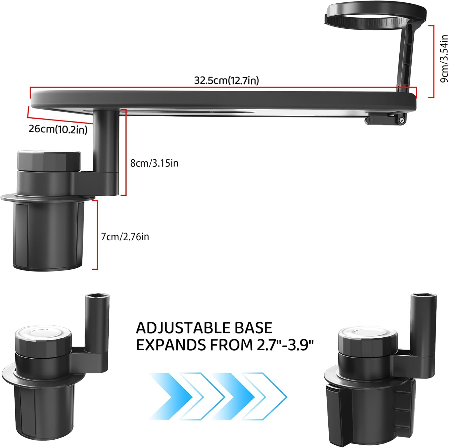 Car Table Tray & Laptop Desk for Car, 360° Rotating Wood Cup Holder Table, Aluminum Cantilever Laptop Mount for Vehicle, Steering Wheel Tray (Black)