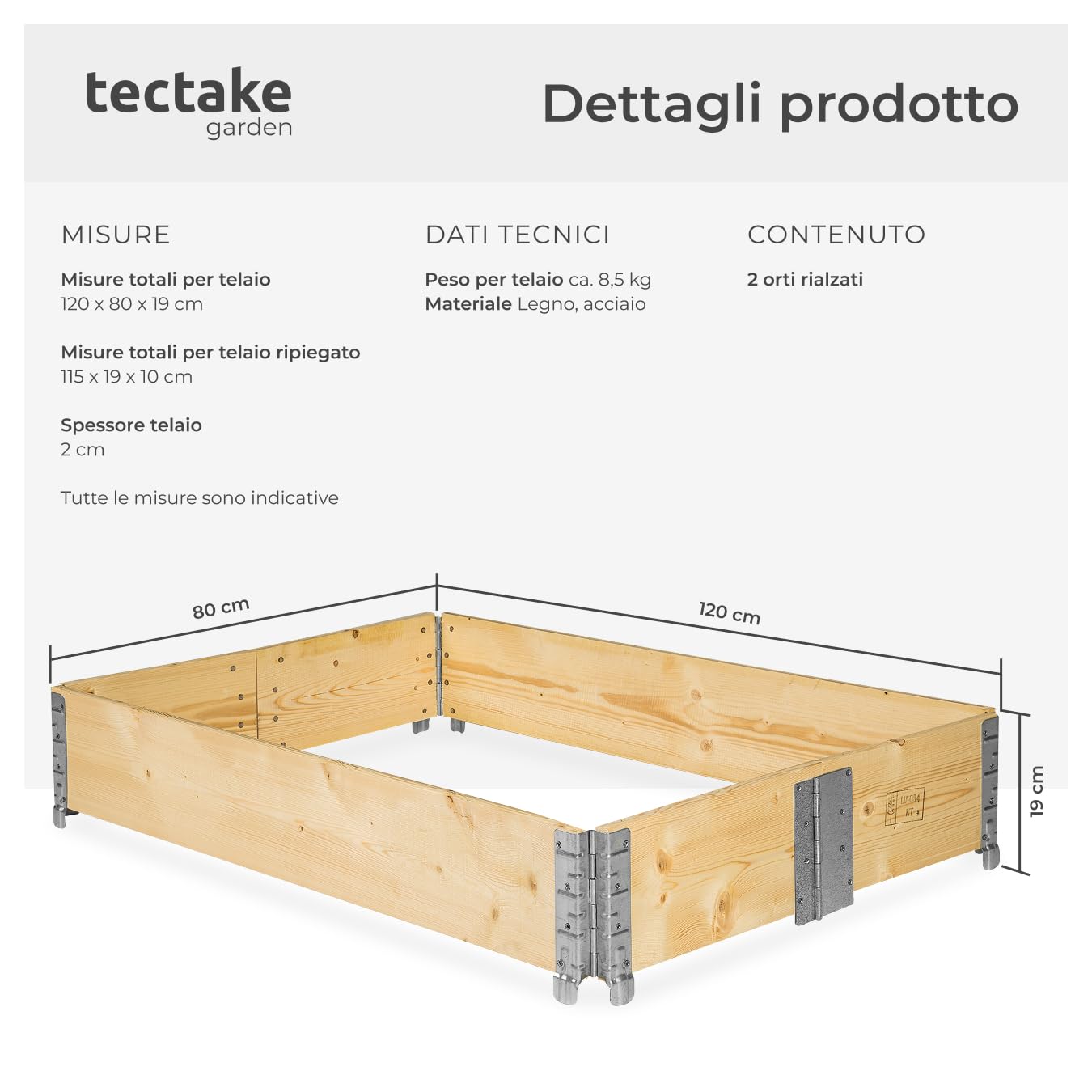 tectake® Fioriera Pieghevole, Cassoni Impilabili, Orto Rialzato, Salvaspazio, 120 x 80 x 19 cm, Montaggio Rapido, Alta Stabilità - Numero Telaio 2