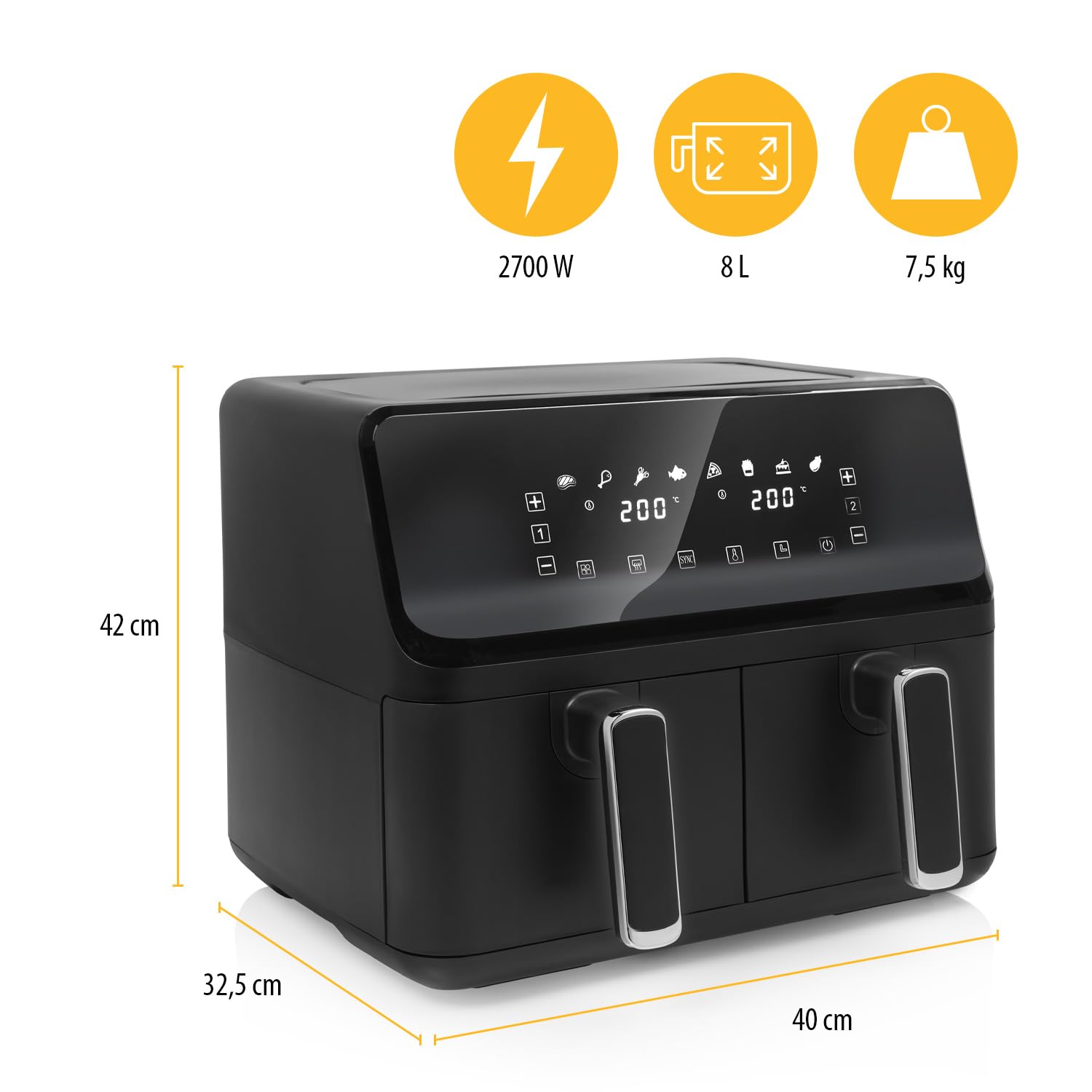 Tristar Airfryer Double Panier - Capacité 2 x 4 L - 2700 W - 8 programmes - Température réglable par panier, Noire