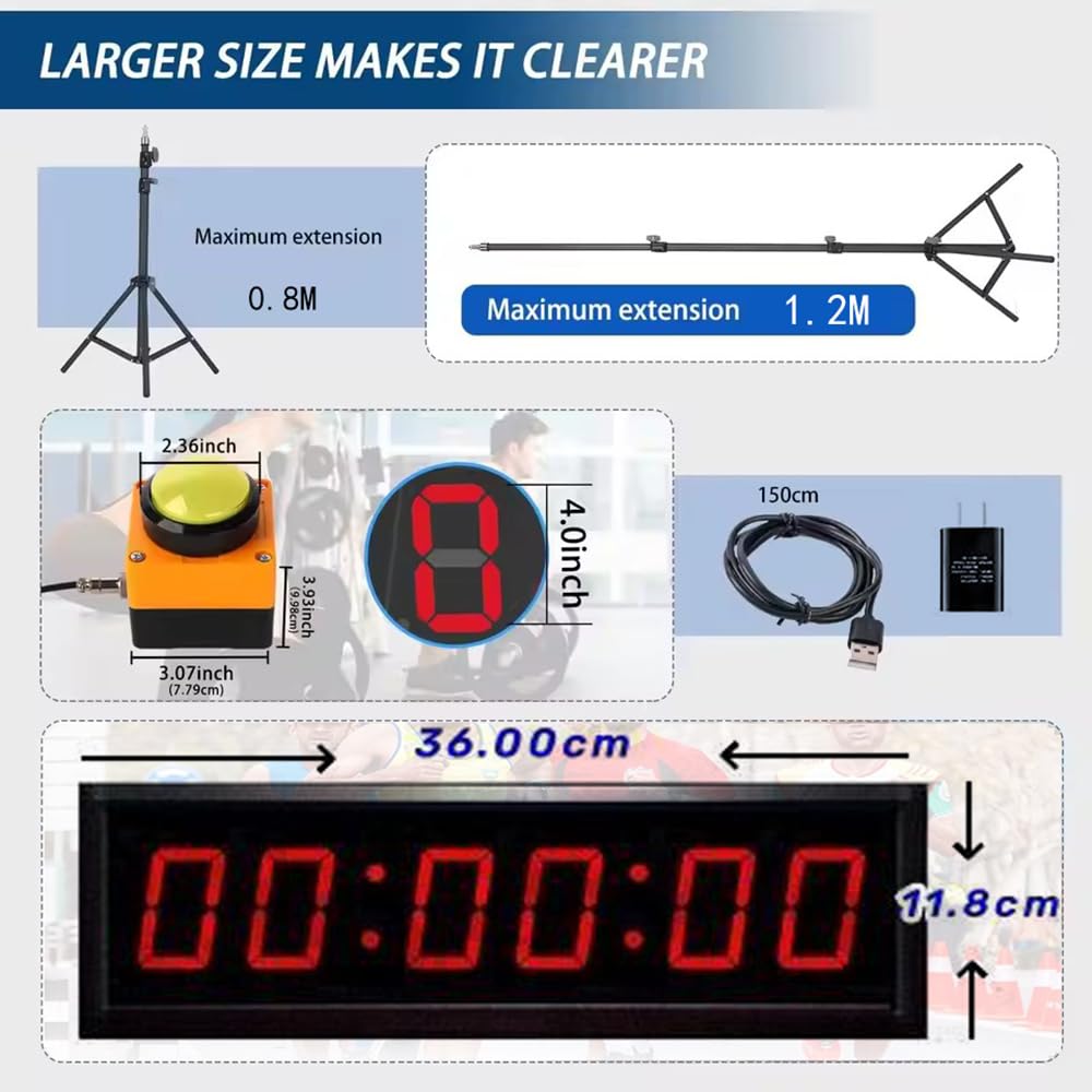 Minuterie de compétition à 2.3 Pouces avec Bouton chronomètre, Affichage Numérique 6 Chiffres, Luminosité Réglable,Visible à 12m,INCL. Trépied et Support Mural Portable Cuisine/Salles d'examen(USB)