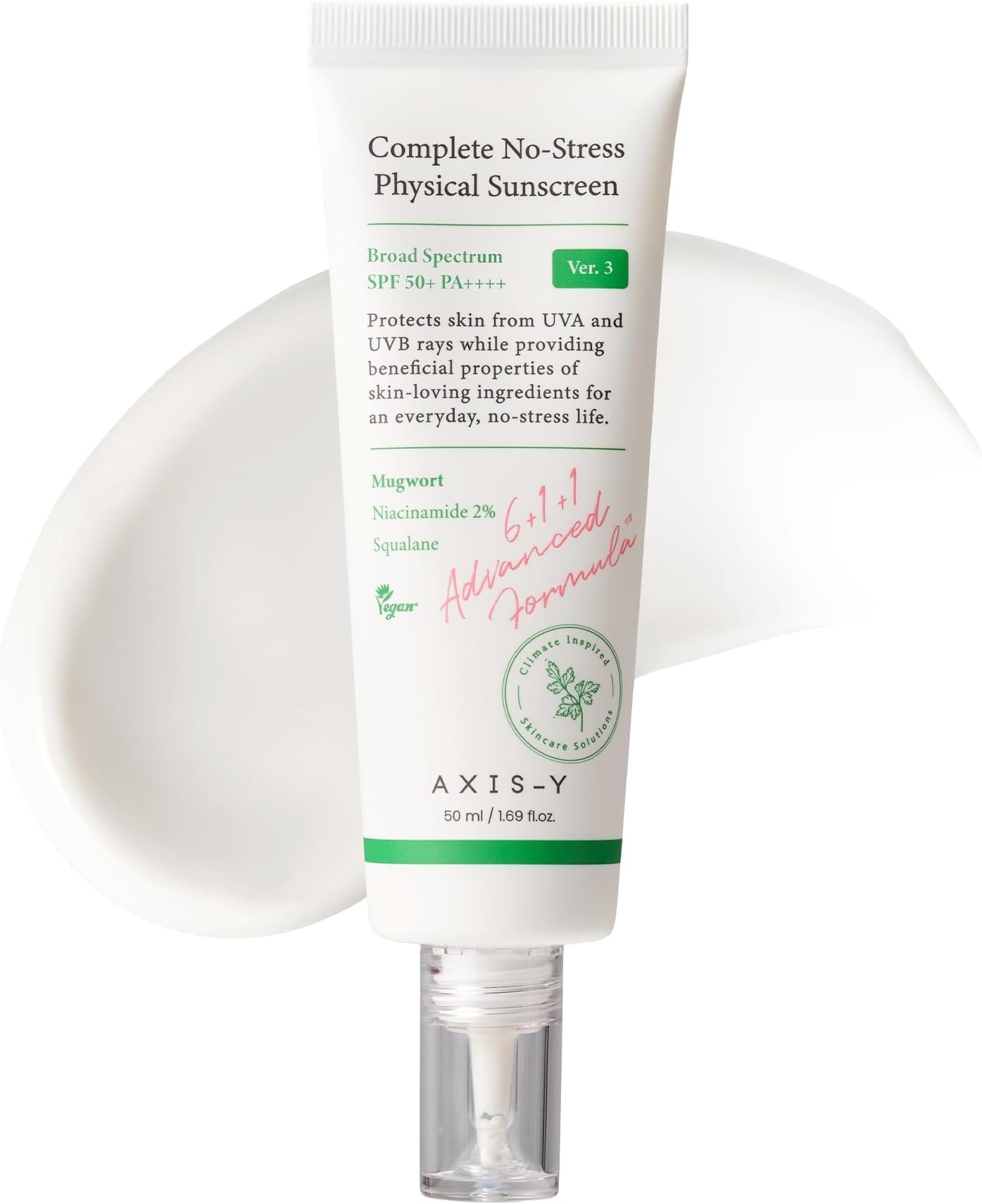 AXIS-Y Complete No-Stress Physical Sunscreen V3 50ml - SPF 50 Mineral Sunscreen with 2% Niacinamide, Zinc Oxide Sunblock for Broad Spectrum Sun Care - Vegan Korean Skin Care - 1.69 fl. oz.