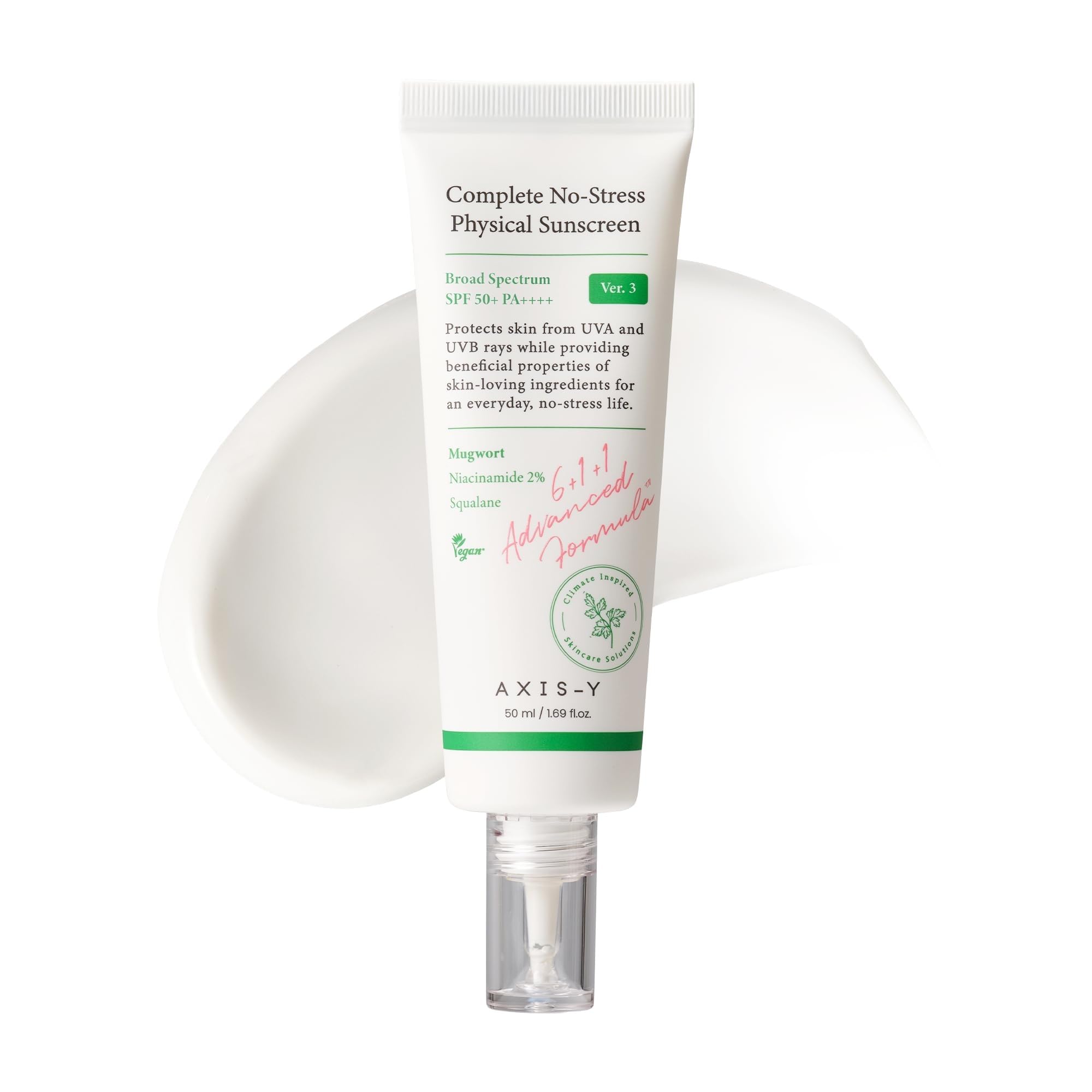 AXIS-​Y Complete No-​Stress Physical Sunscreen V3 – Protector solar mineral facial SPF 50 con 2% Niacinamida y Óxido de Zinc. Hidratante amplio espectro. K-​Beauty vegana – 50 ml (1,​69 fl. oz.)