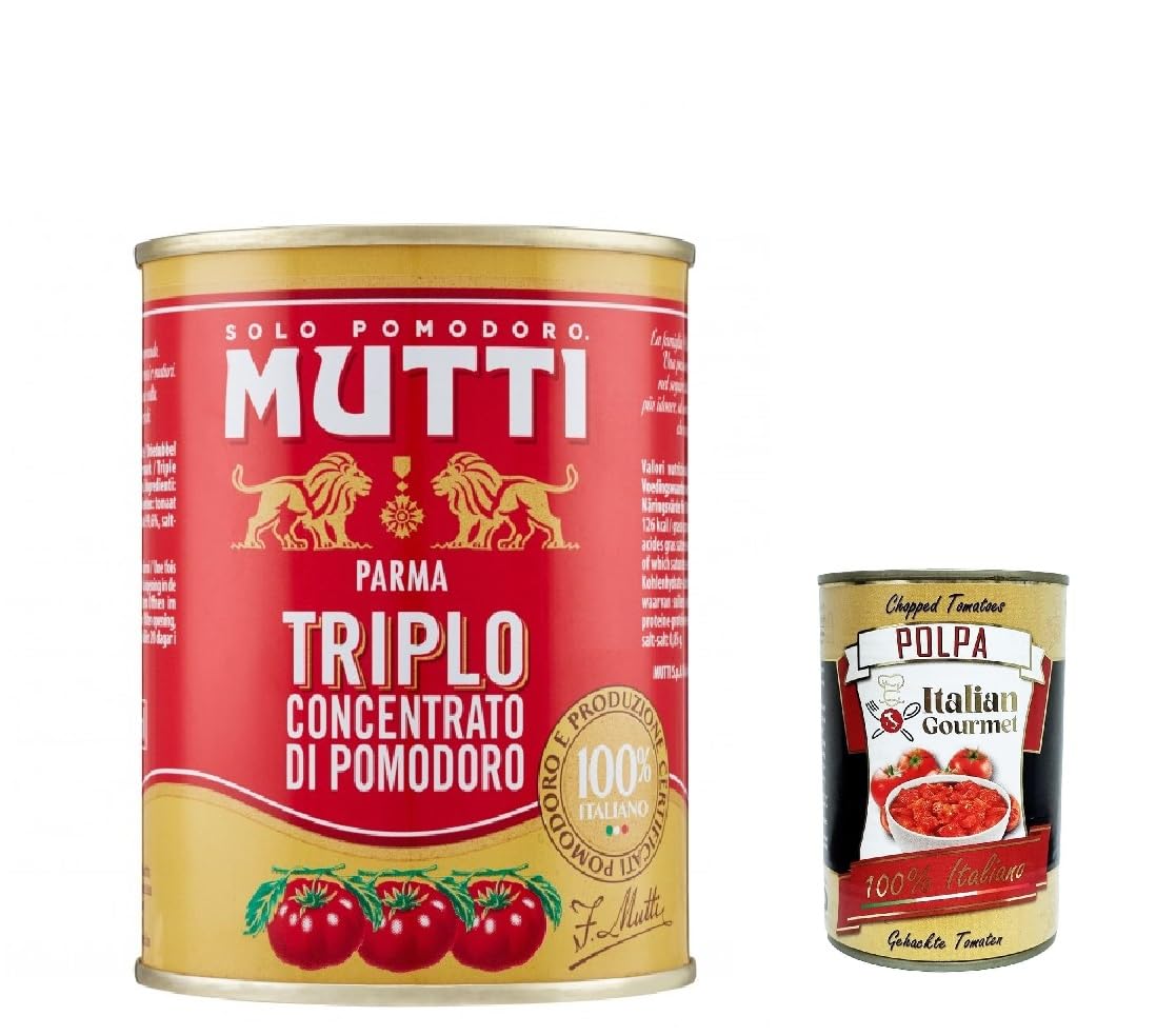 Italian Gourmet Triplo Concentrato Di Pomodoro Tomatenmark Dose 24 x 400g | 100% pomodori italiani, dreifach verdichtet für Sugo, Pizza, Ragù und, Gesamtnettogewicht 9,6 kg + Kostenlos Polpa 400g