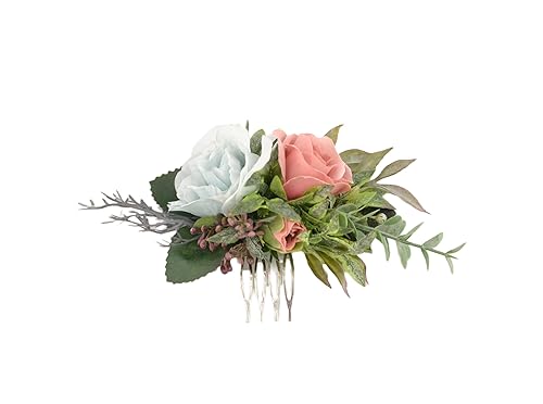 Light Blue Dusty Rose Flower Hair Comb Bridal Floral Hair Piece Bohemian Wedding Headpiece for Bride Bridesmaids Hair Accessories for Women Girls