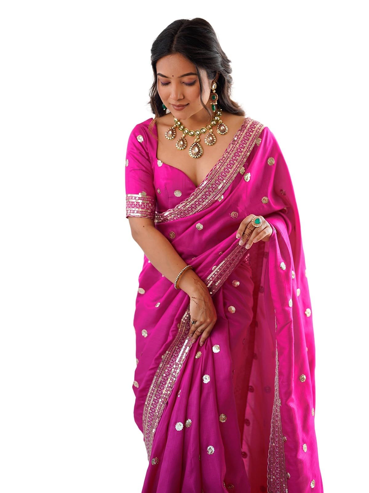 satrani Women's Silk Sequins Embroidery and Lace Work Saree with Unstitched Blouse Piece-picture-30