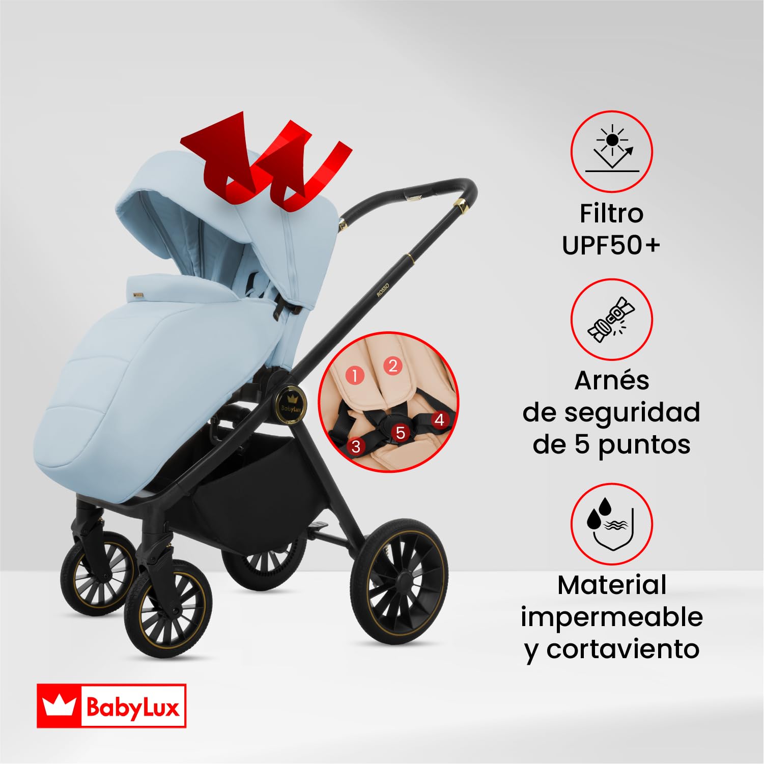 BabyLux® Carrito Bebe 2en1 ROSSO, Conjunto de Cochecito Ligero y Plegable Que Incluye Capazo, Silla de Paseo, Bolso Cambiador y Más Accesorios, 4 Posiciones de Reclinado, 0-22kg, Protección UV 50+