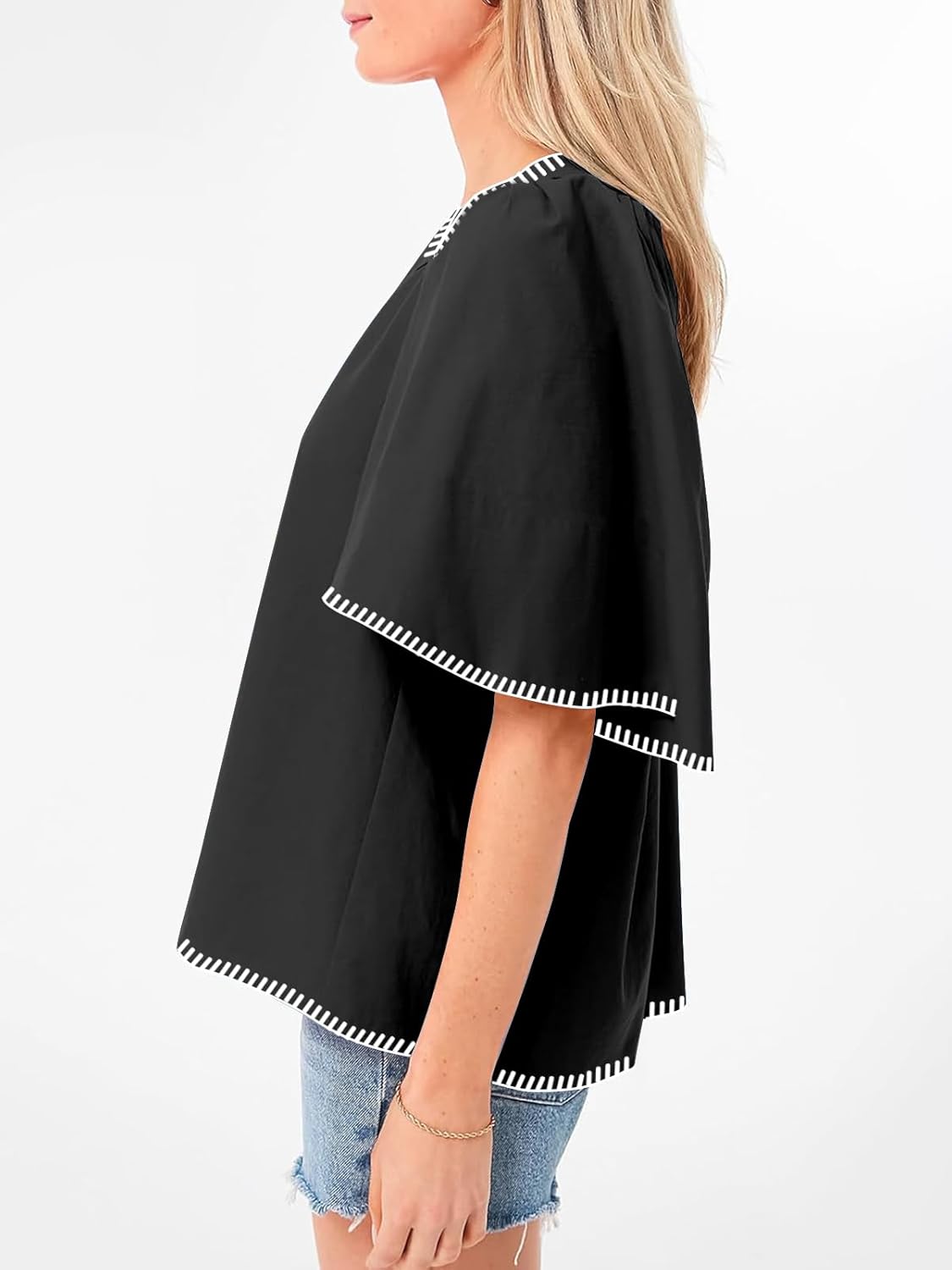 HOULENGS Women's Casual Ruffle Short Sleeve Tops 2025 Summer V Neck Pleated Blouses Loose Business Work Shirts - Image 2