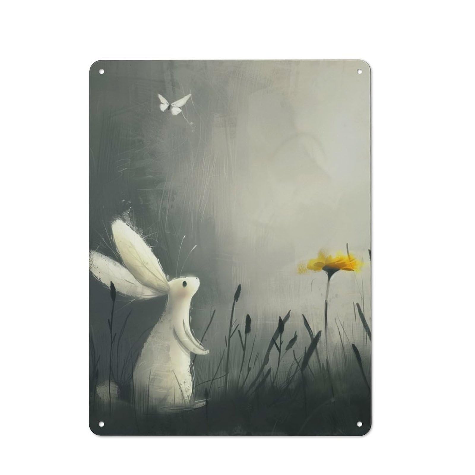 Junmoney Style-3 Modern Vintage Rabbit And Butterfly In Grayscale Meadow Office Metal Sign 40X30cm, Creative Space Decor For Home Office, Reading Corner Or Bedroom