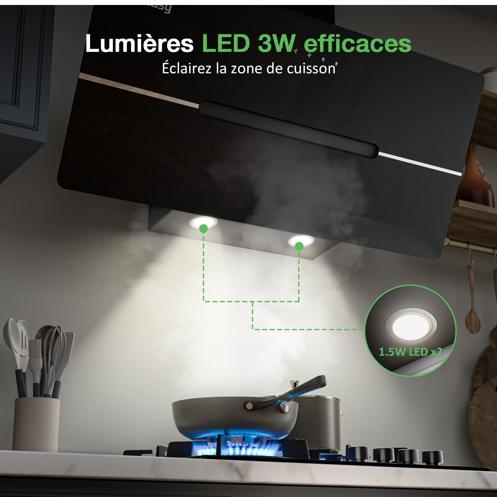 Hotte Aspirante 90cm, IsEasy Hotte Aspirante Inclinée Noir, 578 m³/h Classe A++, 3 Niveaux de Vitesse, Éclairage LED, Hotte Murale Évacuation ou Recyclage, Filtre à Charbon Inclus