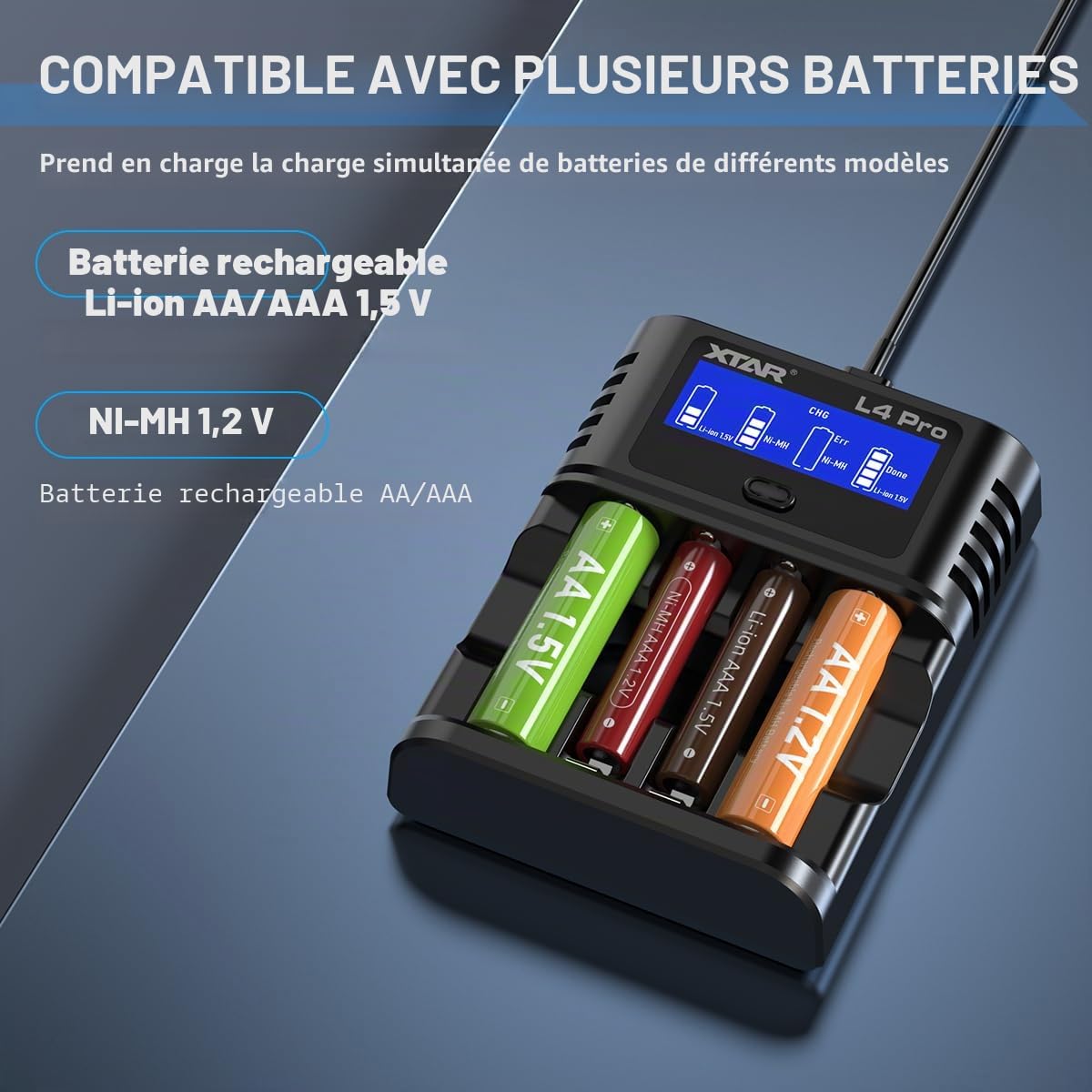 XTAR Chargeur L4 Pro pour piles AA AAA - Chargeur rapide compatible avec batteries NI-MH et Li-Ion - Chargeur intelligent avec protection contre les surcharges pour batteries 1,2 V et 1,5 V